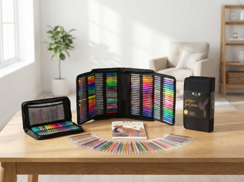 Długopisy żelowe kolorowe w etui 120szt + 120 wkładów