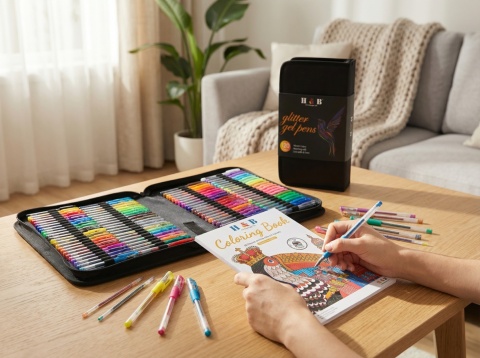 Długopisy żelowe kolorowe w etui 120szt + 120 wkładów