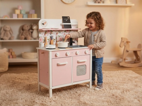 Kuchnia dla dzieci drewniana MDF Lulilo FLoro akcesoria różowa 82cm
