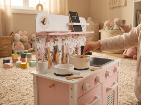 Kuchnia dla dzieci drewniana MDF Lulilo FLoro akcesoria różowa 82cm