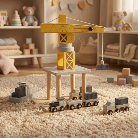 Dźwig drewniany żuraw port morski + statek auta