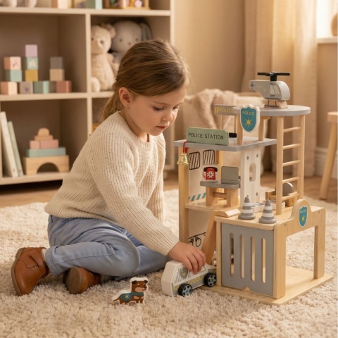 Parking drewniany garaż komisariat policji tor + radiowóz helikopter