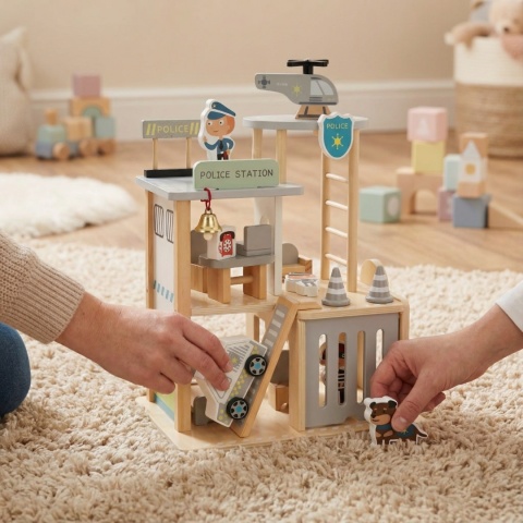 Parking drewniany garaż komisariat policji tor + radiowóz helikopter