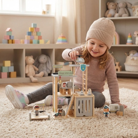 Parking drewniany garaż komisariat policji tor + radiowóz helikopter