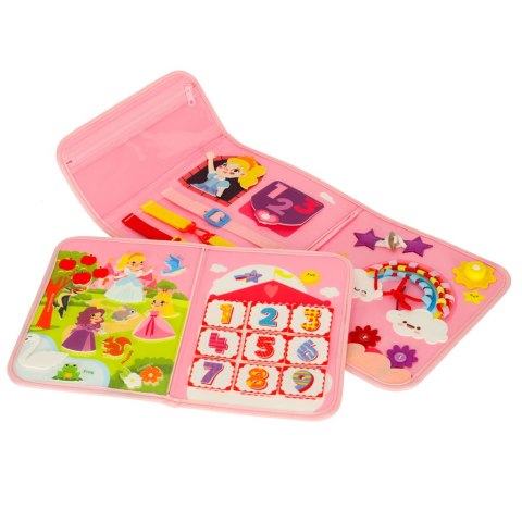 Tablica manipulacyjna sensoryczna montessori walizka plecak różowa