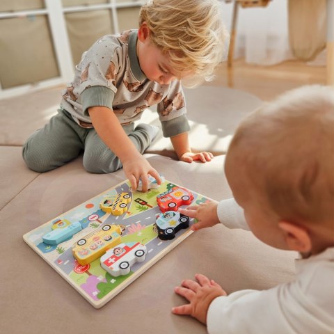 TOOKY TOY Drewniane Puzzle Montessori Pojazdy Samochody Samolot Statek Miasto Dopasuj Kształty