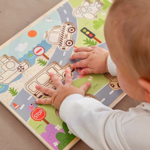 TOOKY TOY Drewniane Puzzle Montessori Pojazdy Samochody Samolot Statek Miasto Dopasuj Kształty