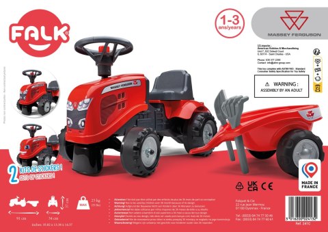 FALK Traktorek Baby Massey Ferguson Czerwony z Przyczepką + akc. od 1-3 lat