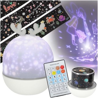 Lampka nocna projektor gwiazd LED USB obrotowy 6 motywów pilot renifer
